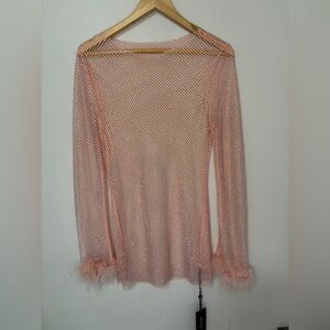 White Fox Boutique Crystal Mesh Feather Trim L/S Mini Dress Punk Size S/M NWT